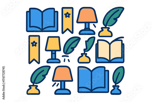 Seamless pattern of educational and literary icons featuring open books, desk lamps, bookmarks, and quill pens