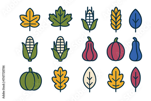 Colorful autumn harvest elements featuring maple and oak leaves corn cobs and pumpkins