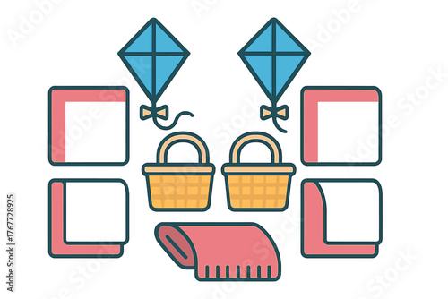 Collection of picnic and outdoor recreation items including kites, woven baskets, and folded blankets