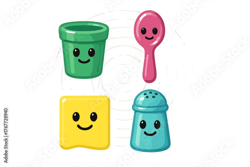 Cute cartoon kitchen and household objects with smiling faces and bright colors