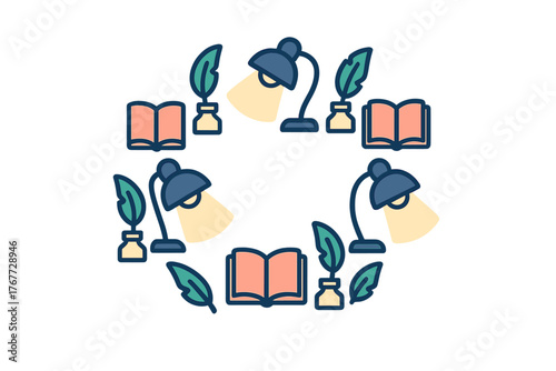 Seamless circular pattern with reading and writing icons like books, desk lamps, and quill pens