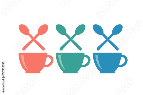 Three colorful coffee cups with crossed spoons in a row representing hot beverages and cafe culture