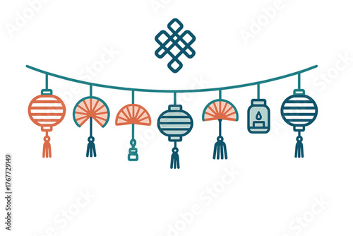 Festive Asian garland with traditional lanterns, folding fans, and mystic knot symbol