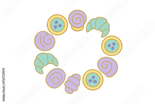 Decorative circular wreath frame composed of colorful sweet pastries and breakfast baked goods