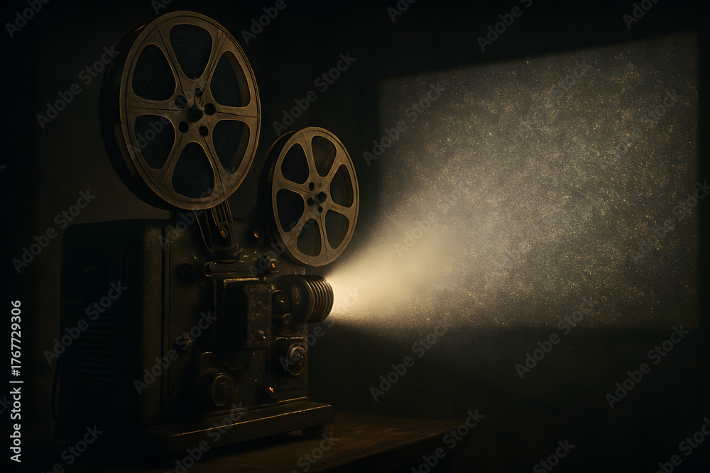 Obraz premium Vintage Projector: Capturing the essence of nostalgia, an antique film projector casts a beam of light onto a blank canvas, evoking the allure of classic cinema and storytelling.