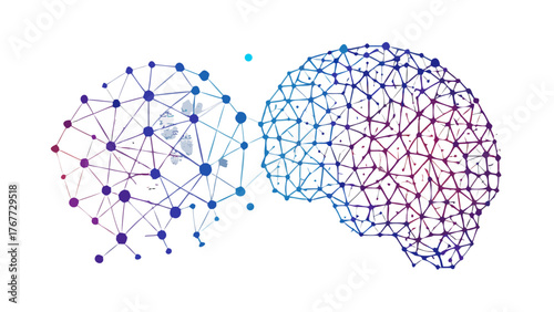 Vector illustration of human brain made of interconnected lines and dots, symbolizing artificial intelligence and digital networks, modern tech style