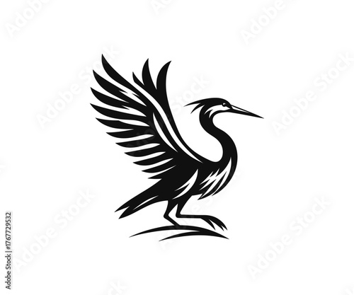 Stylized black heron with spread wings illustration