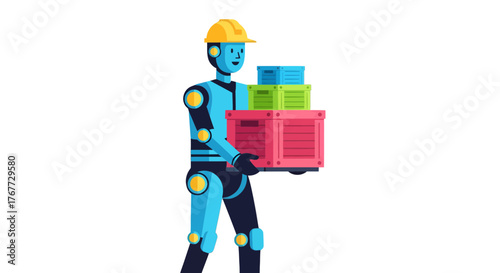 Automated Logistics Robot Carrying Boxes: Vector Illustration on Black Background