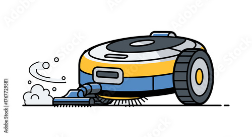 Automated Vacuum Cleaner Cleaning With Exaggerated Dust Clouds On A Black Background