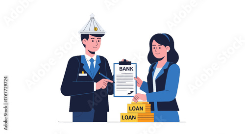 Bank Employees Presenting Loan Agreement and Financial Support with Modern Illustration