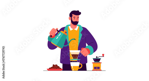 Barista Brewing Coffee Illustration Depicting Preparation With Modern Aesthetic Design
