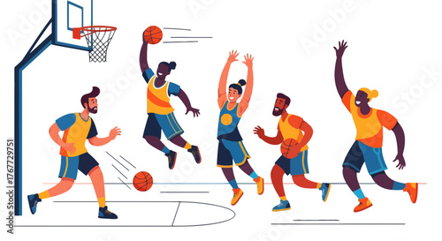 Basketball Action Illustration Depicting Game Dynamics Featuring Athletes and Hoops