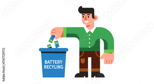 Battery Disposal And Recycling: A Man Placing Batteries In The Recycling Bin
