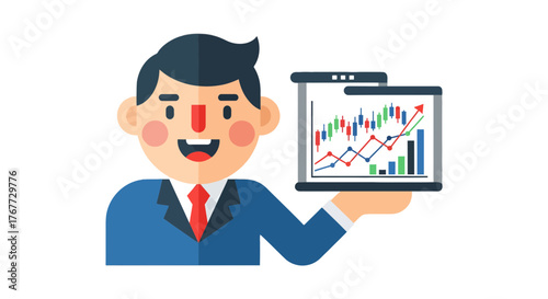 Business Analyst Presenting Financial Data With Infographic Charts and Growth Arrows