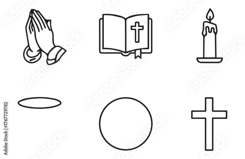 Collection of religious symbols including praying hands open bible lit candle cross and communion elements for faith and spirituality concepts