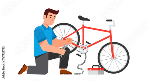 Bicycle Maintenance: Mechanic Repairing A Red Bike With Tools For Cycling Enthusiasts