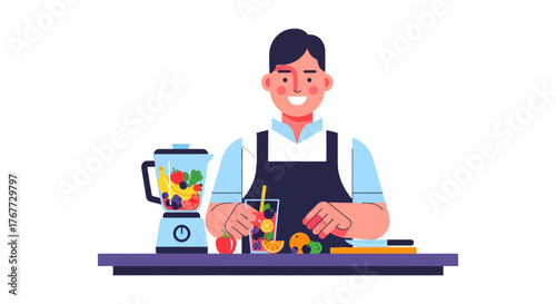 Bartender Crafting a Refreshing Juice Drink with Fruits and a Blender Illustration
