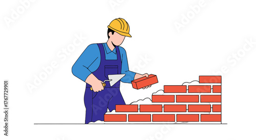 Bricklayer Constructing Wall With Mortar and Brick in Detailed Digital Illustration