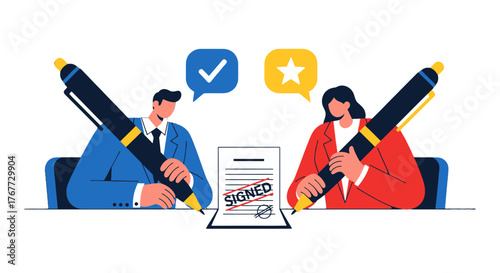 Business Agreement: Signing Illustration of Contract Negotiation, Approval, And Deals