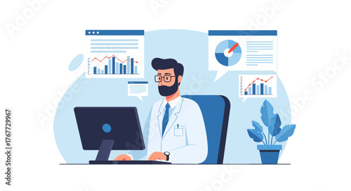 Business Analyst Working On His Computer Analyzing Charts and Data for Strategy Planning