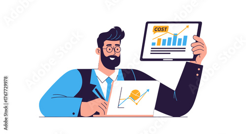 Business Analyst Examining Costs And Financial Chart Data On Tablet And Laptop Devices
