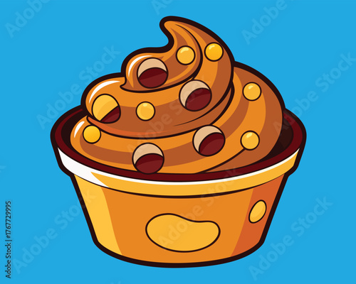 Cartoon Dessert Swirl – Chocolate or Caramel Ice Cream with Chips in Golden Cup on Bright Blue Background – Sweet Treat Art
