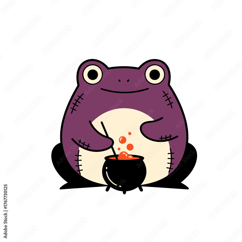 Fototapeta premium Cute cartoon purple frog cooking in a cauldron.