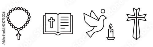 Collection of religious symbols including rosary beads bible dove candle and cross illustration for faith and spirituality concepts