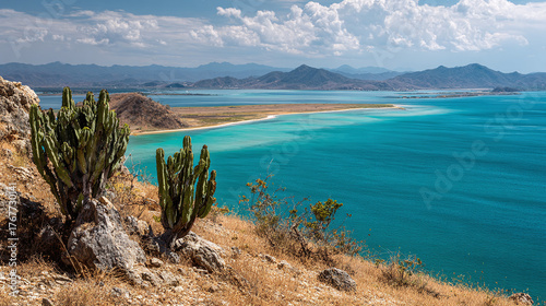 Scenic view of desert coast with cacti, turquoise sea and mountains. Plants grow on hills. Wild landscape of peninsula with blue water, sandy beach and horizon under sky