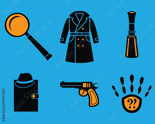 Mystery & Detective Icon Set – Magnifier, Trench Coat, Fedora, Revolver, Handprint, Flashlight – Black & Orange on Blue Background