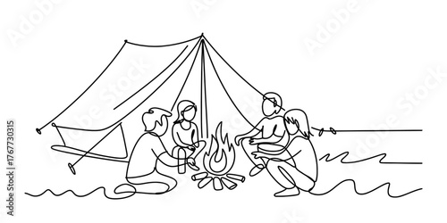 Single continuous line drawing depicting people sitting around a campfire under a tent vector