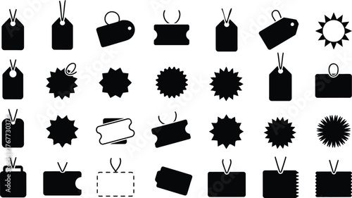 Collection of various black price tags and label icons isolated on white