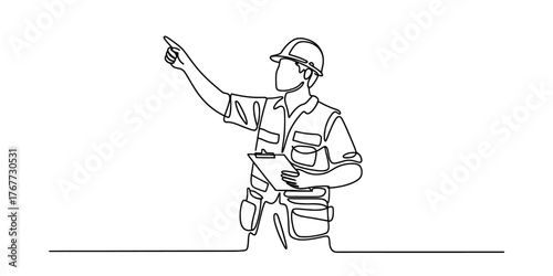 Continuous one line drawing of a construction worker holding a tool and a tablet vector