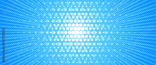 Light blue radial dotted comic background. Speed lines wallpaper with pop art halftone texture.