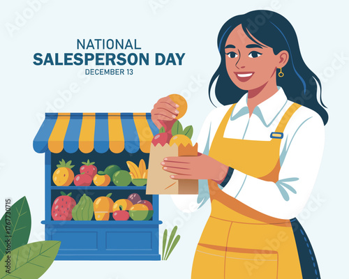National Salesperson day horizontal banner template. Girl packing fruit into bag in front of the store. Show respect to shop keepers. Salesman and shop workers professional holiday.