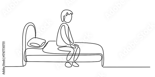 Minimalist continuous line drawing of a person sitting on a bed vector