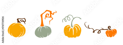 Silhouette collage of four pumpkins in muted orange, sage and brown, for fall branding, packaging, invitations, decor, textiles, web banners, social media posts.