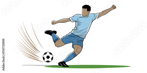 Continuous line drawing capturing a dynamic soccer player kicking a ball with energetic motion lines vector
