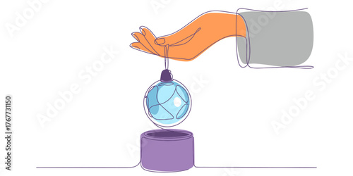 Single continuous line drawing art showing a hand suspending a light bulb over a purple container vector