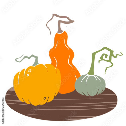 three gourds Silhouette collage in muted orange, yellow. sage on a textured base, for autumn branding, packaging, greeting cards, textiles, home decor.