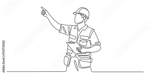 Continuous single line drawing illustration of a construction worker pointing with a hard hat and vest vector