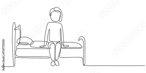 Minimalist continuous one line drawing of a person sitting on a bed illustration vector