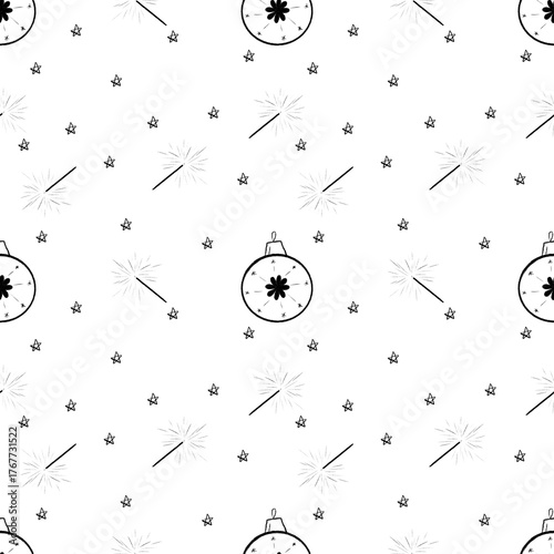 seamless new year black and white pattern with baubles, sparkles, stars. Background, perfect for wrapping paper, print fabric, calendar.