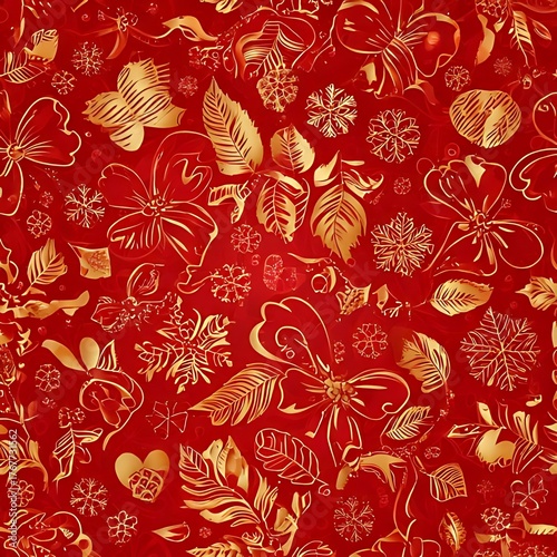 Elegant Red and Gold Floral and Snowflake Seamless Pattern A Luxurious Holiday Background