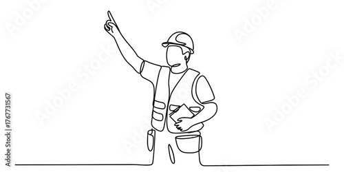 Minimalist continuous line drawing of a construction worker in safety gear pointing upward vector