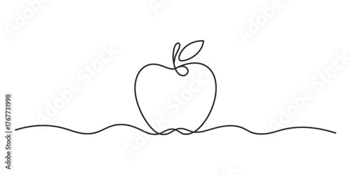 Minimalist continuous line drawing of an apple with a stem and leaf on a wavy base line vector