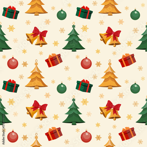 Christmas seamless pattern of golden snowflakes, red and green Christmas toys, gift boxes, bells with  bow. Vector illustration on creamy background. For wrapping paper, greeting cards, festive decor.