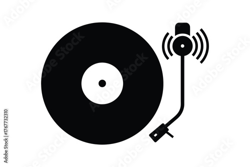 Stylized icon of a vinyl record player with sound waves