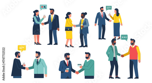 Business Interaction Illustrations Of People Shaking Hands And Text Message Conversations