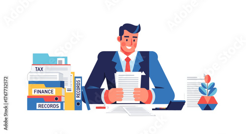 Business Professional Analyzing Financial Records and Tax Documentations at Work